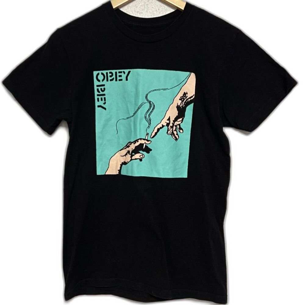 OBEY Creation of Adam Smoking Hands Graphic T-Shirt S Black Streetwear Skater